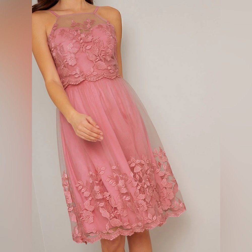 Cami Strap Embroidered Overlay Midi Dress in Pink